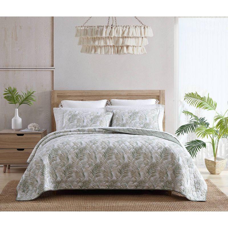 Sage Palm Leaf Reversible Cotton Quilt Set - Twin White