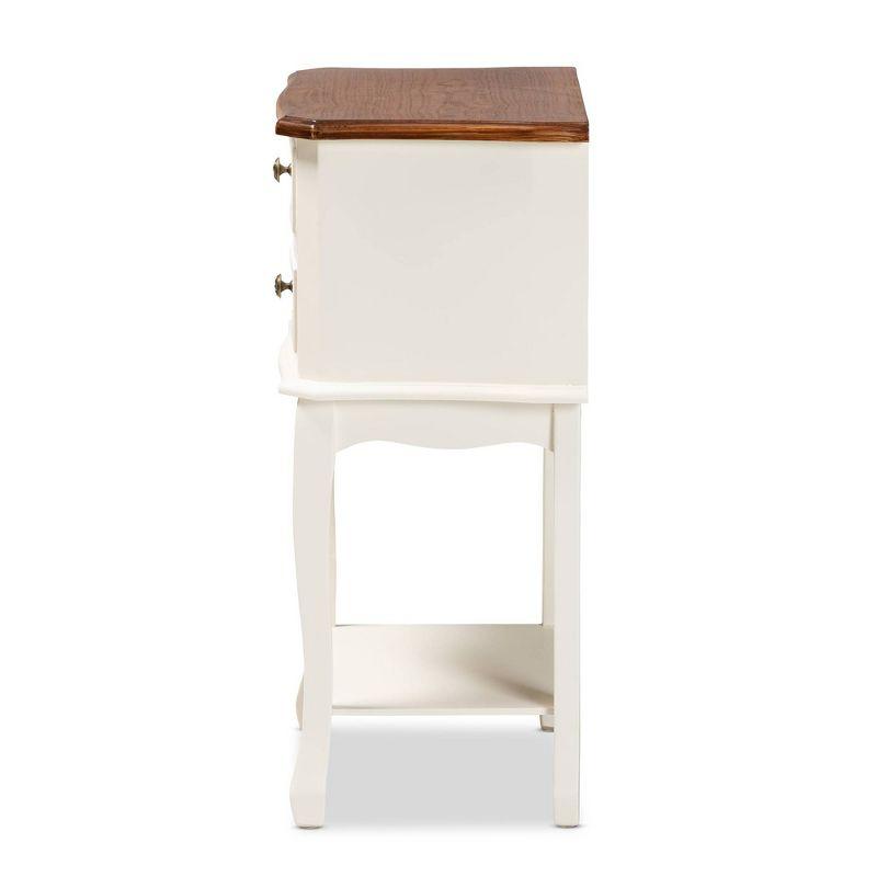 2 Drawer Darla Wood Nightstand White/Cherry Brown - Baxton Studio: Traditional Bedside Table with Anti-Tip Hardware