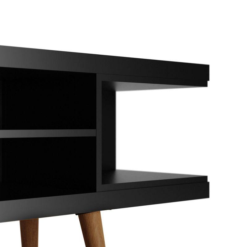 Sleek Matte Black 53" TV Stand with Splayed Wooden Legs and Open Shelves