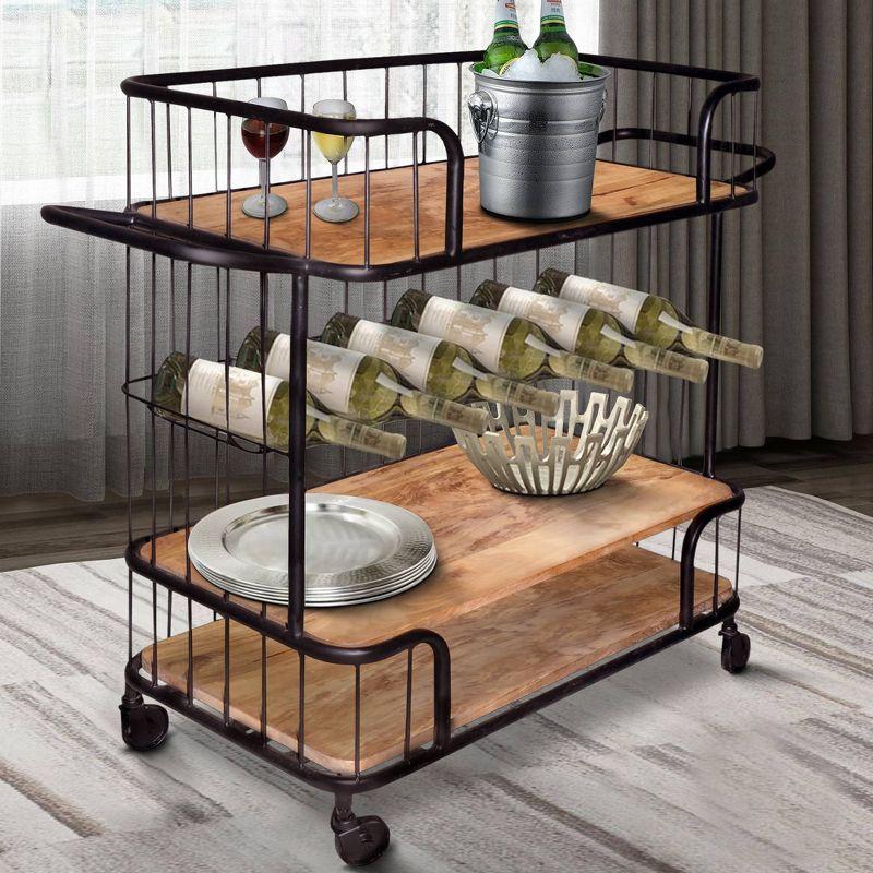 Industrial Black and Brown Bar Cart with Wine Rack and Storage