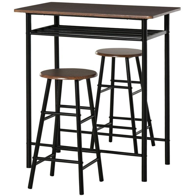 HOMCOM 3 Piece Counter Height Bar Table and Chairs Set, Space Saving Dining Table with 2 Matching Stools, Storage Shelf Metal Frame Footrest, Black