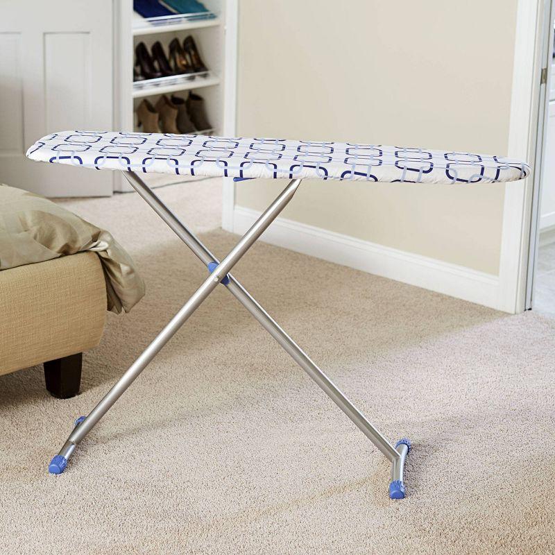 Household Essentials Arched T-Leg Ironing Board Silver Frame Blue Geometric Pattern