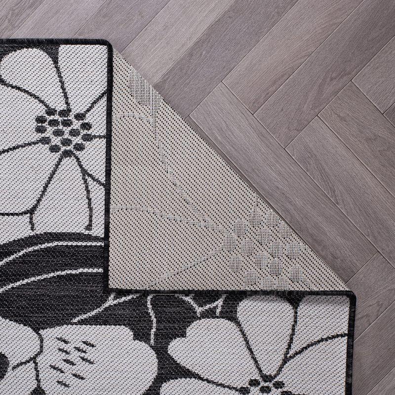 World Rug Gallery Modern Floral Flowers Textured Flat Weave Indoor/Outdoor Area Rug - BLACK 5' X 7'