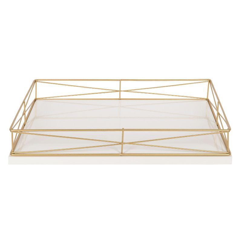 Elegant White and Gold Rectangular Serving Tray with Ornate Metal Rim