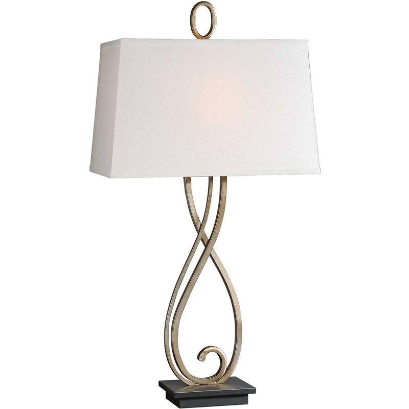 Antiqued Silver Champagne Scroll 1-Light Table Lamp with Linen Shade