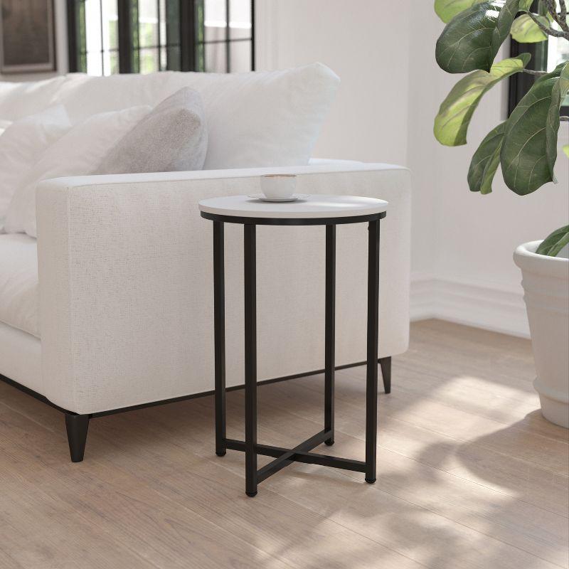 Elegant White Round Laminate Top End Table with Matte Black Metal Frame