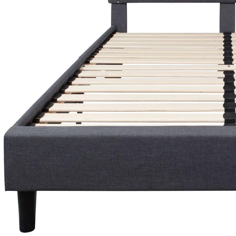 Provence Dark Gray Queen Platform Bed with Tufted Headboard and Gold Nail Trim