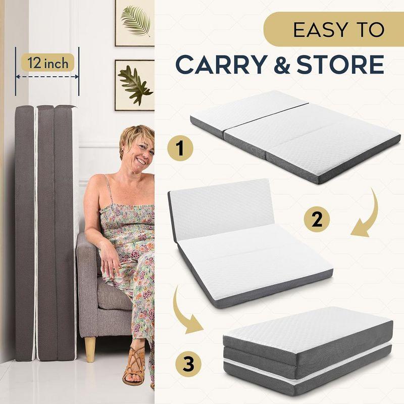 Contour Comfort SIngle 4 Inch Thick Portable Tri Folding Mattress with Memory Foam Layer with Washable Cover | Non-Slip Bottom Perfect Guest Bed-White