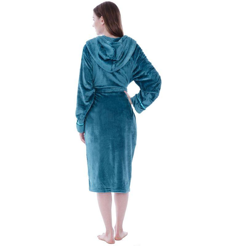 PAVILIA Fleece Robe For Women, Plush Warm Bathrobe, Fluffy Soft Spa Long Lightweight Fuzzy Cozy, Satin Trim (With Hood - Sea Blue, Large-X-Large)