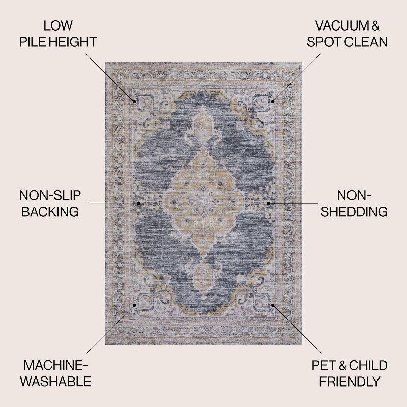 Wincer Chenille Cottage Medallion Machine-Washable Dark Gray/Yellow 3 ft. x 5 ft. Area Rug - JONATHAN Y