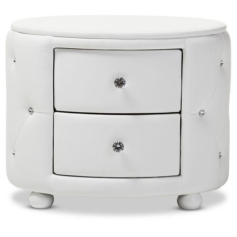 Davina Oval White Faux Leather Glamour Nightstand with Crystal Accents