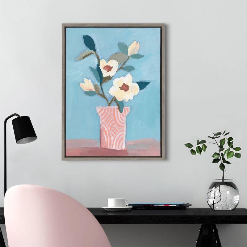 Magnolia Blooms Abstract Floral Canvas Print with Gray Frame