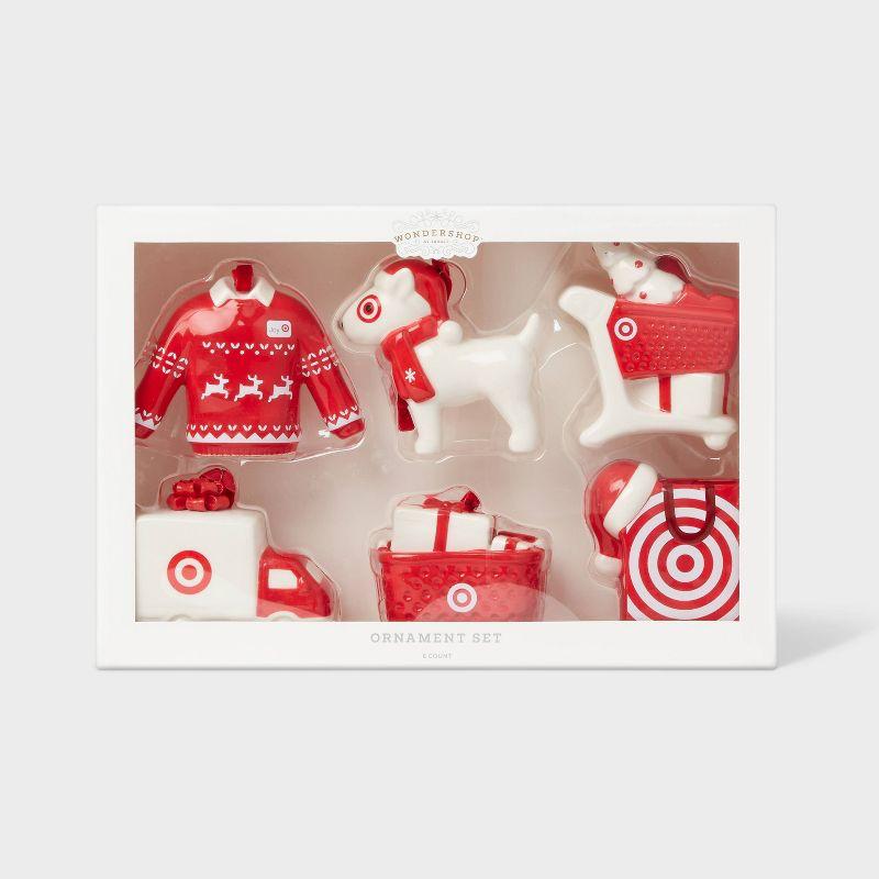 6pc Ceramic Target Christmas Tree Ornament Set Red/White - Wondershop™