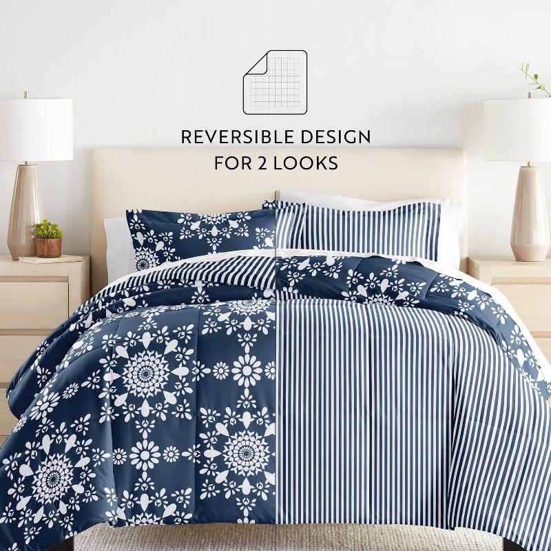 Paisley & Medallion Stripe Reversible Patterned Soft Comforter Sets - Becky Cameron, Daisy Medallion / Navy, Full/Queen