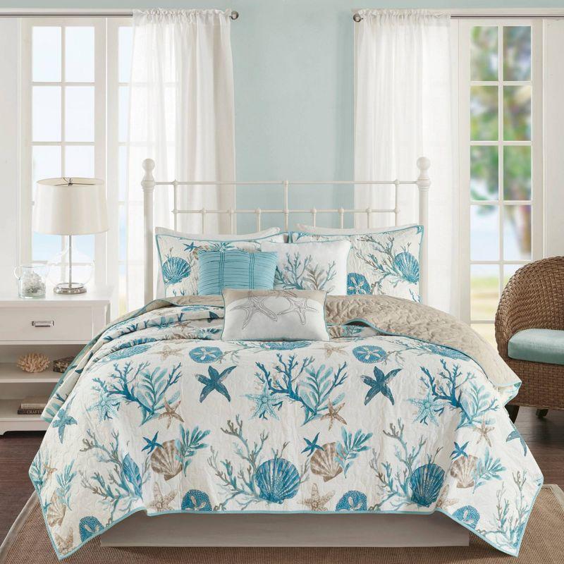 Aqua Blue Cotton Reversible Coastal Quilt Set, Full