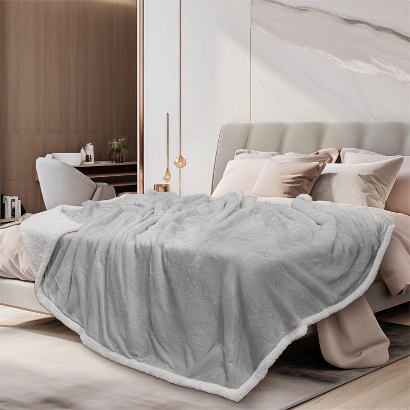 PAVILIA Premium Faux Shearling Fleece Throw Blanket for Bed, Reversible Warm Blanket for Couch Sofa, Light Gray/Throw - 50x60