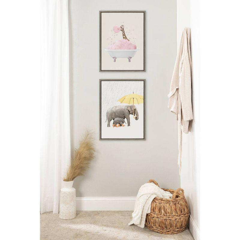 Kate & Laurel All Things Decor 18"x24" Sylvie Giraffe Taking a Bath Framed Canvas Wall Art by July Art Prints Gray Zoo Animal Bath