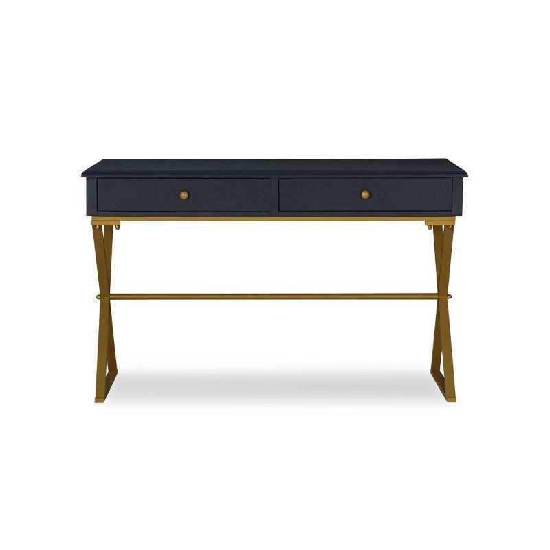 Campaign 2 Drawer Desk Blue/Gold - Linon: Matte Gold Legs, MDF, Metal Hardware