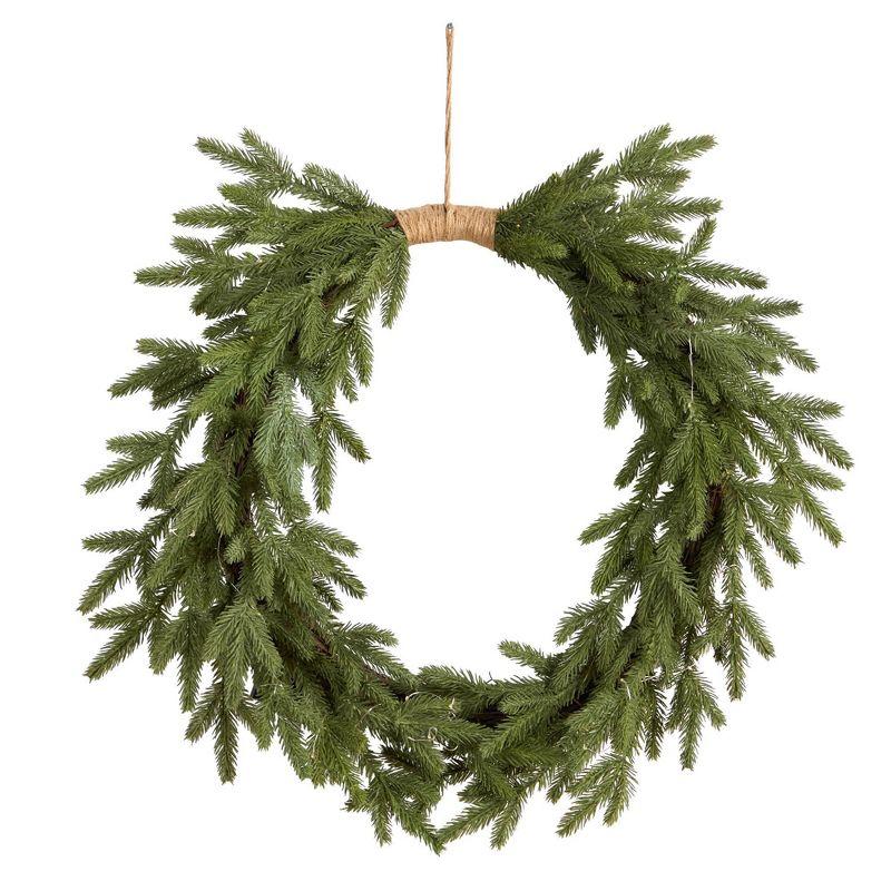 Nearly Natural 24" Pre-lit LED Cascading Pine Artificial Christmas Wreath Green with Warm White Lights: Door Decor, Indoor Use