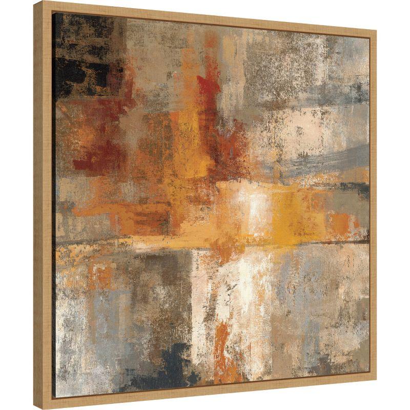 Amber and Silver Abstract Canvas Print in Maple Frame