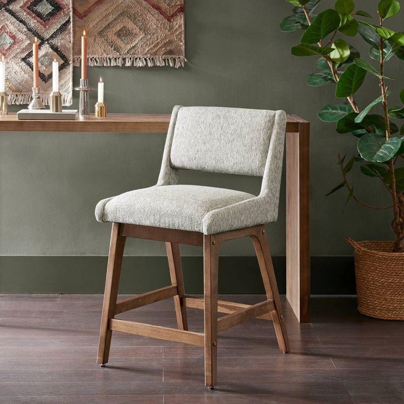 Light Gray Upholstered Counter Stool with Pecan Wood Legs