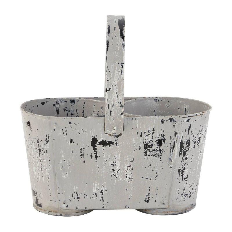 12" White Distressed Metal Double Planter with Handle