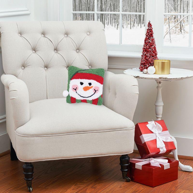 Happy Snowman Red and Green Hooked Holiday Pillow