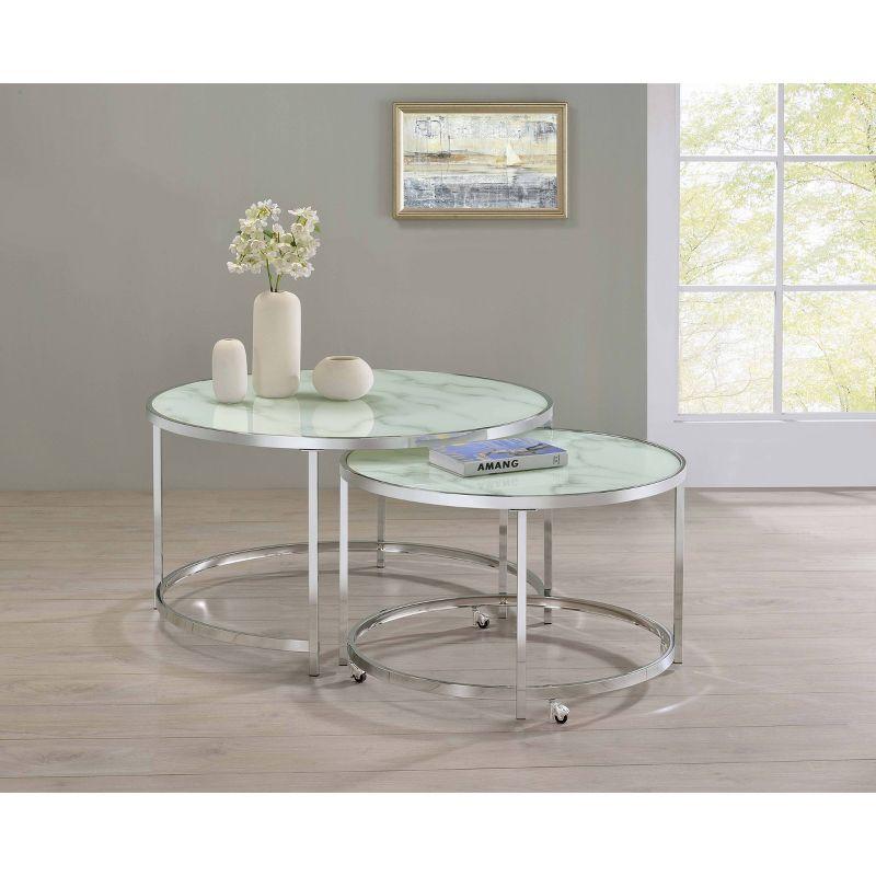 Round Silver Metal Nesting Coffee Table Set with Marble Glass Top