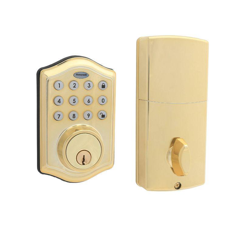 Honeywell Electronic Deadbolt- Polished Brass: Single Cylinder Door Lock, Steel & Plastic, Electric, Gold Finish