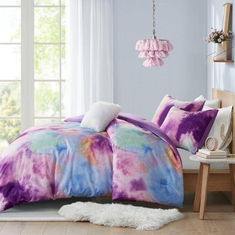 Cassiopeia Watercolor Tie Dye Printed Comforter Set with Throw Pillow