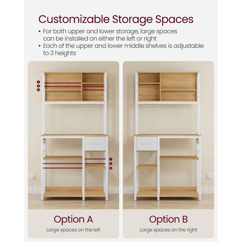 Bakers Rack with Charging Station, Coffee Bar with Adjustable Storage Shelves, Fabric Drawer, 12 Hooks, Kitchen Microwave Stand, White