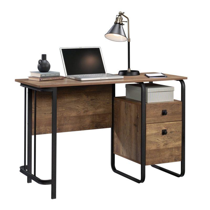 Etched Oak and Black Wood Desk with Drawer and Filing Cabinet