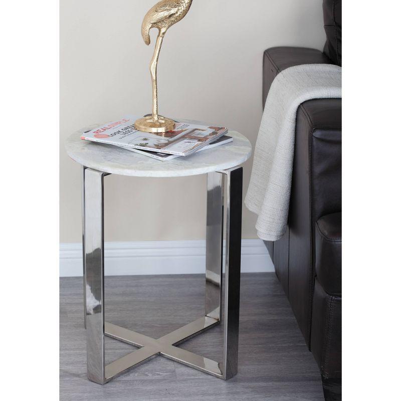 White Marble and Stainless Steel Round Accent Table