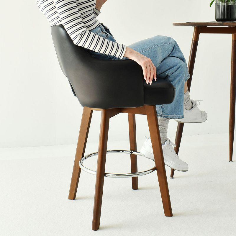 26.5" Edward Armrest Black Faux Leather Thick Seat 360° Swivel Counter Height Barstool Combine with Rubberwood Legs and Silver Footrest-Maison Boucle
