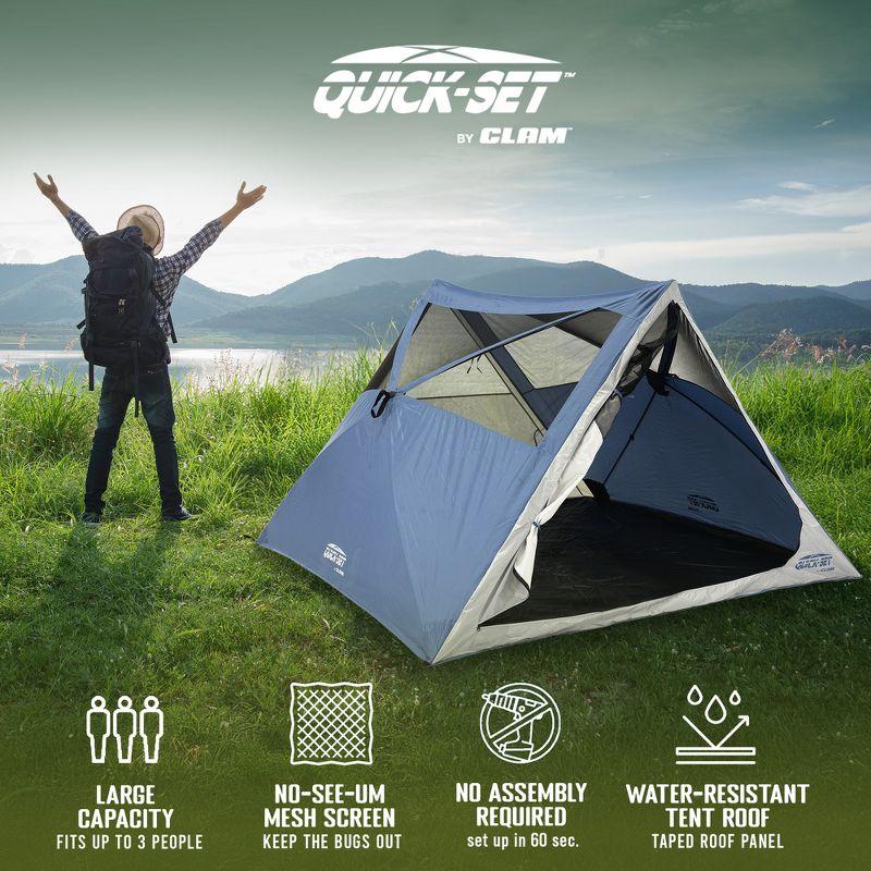CLAM Quick-Set Apex A-Frame Tent, 8 x 8 Foot Portable Pop Up Tent Outdoor, 3 Person Camping Shelter with 2 Entry Doors & Rain Fly, Blue/Gray