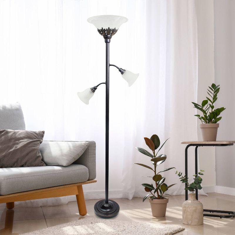 Torchiere Floor Lamp with 2 Reading Lights and Scalloped Glass Shades Bronze/White - Lalia Home: Adjustable, UL Listed, Metal Body