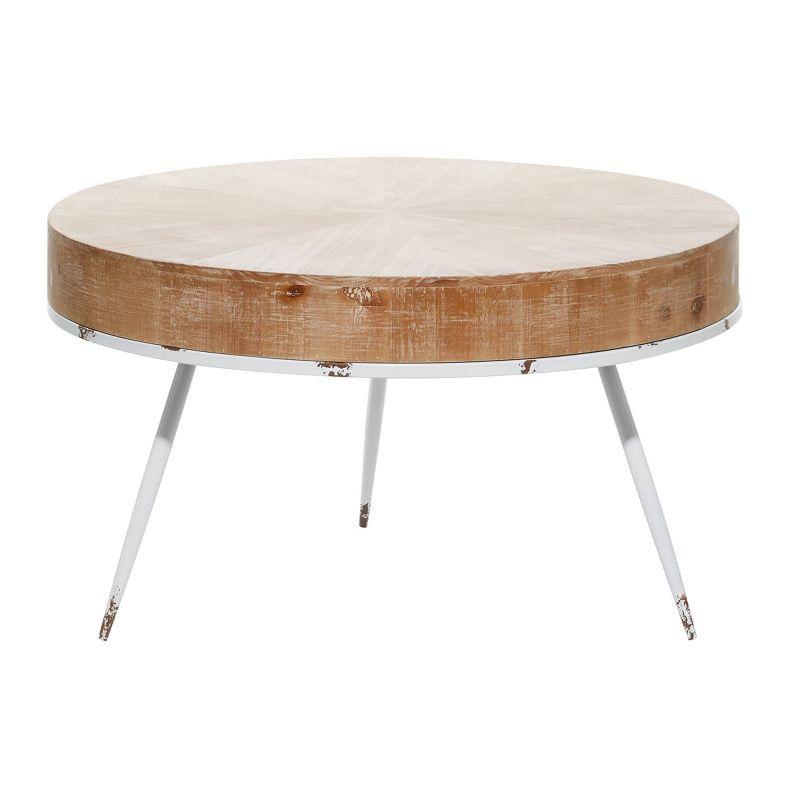 Modern Minimalist Round Coffee Table with White Distressed Iron Legs, 32"W