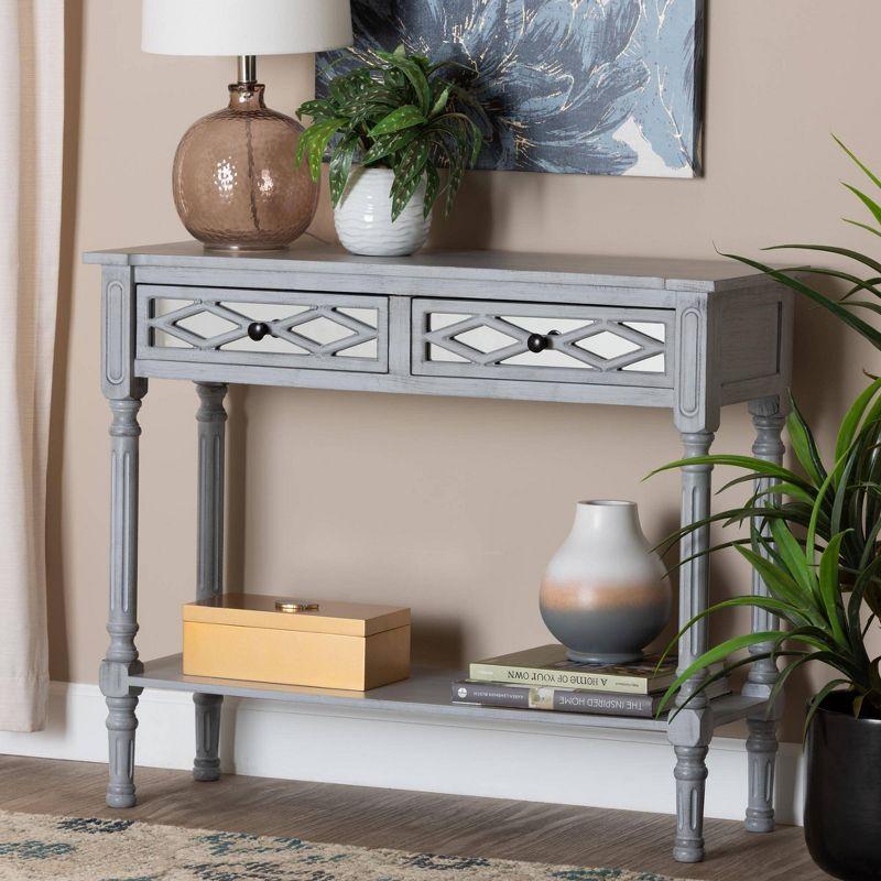 Gray Wood and Mirrored Glass 2-Drawer Console Table with Storage Shelf