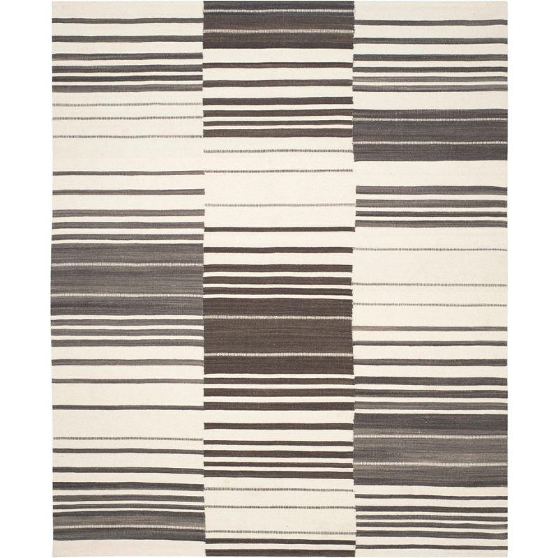 Kilim Hand Woven Flat Weave Wool/Cotton Striped Rug in Ivory/Brown
