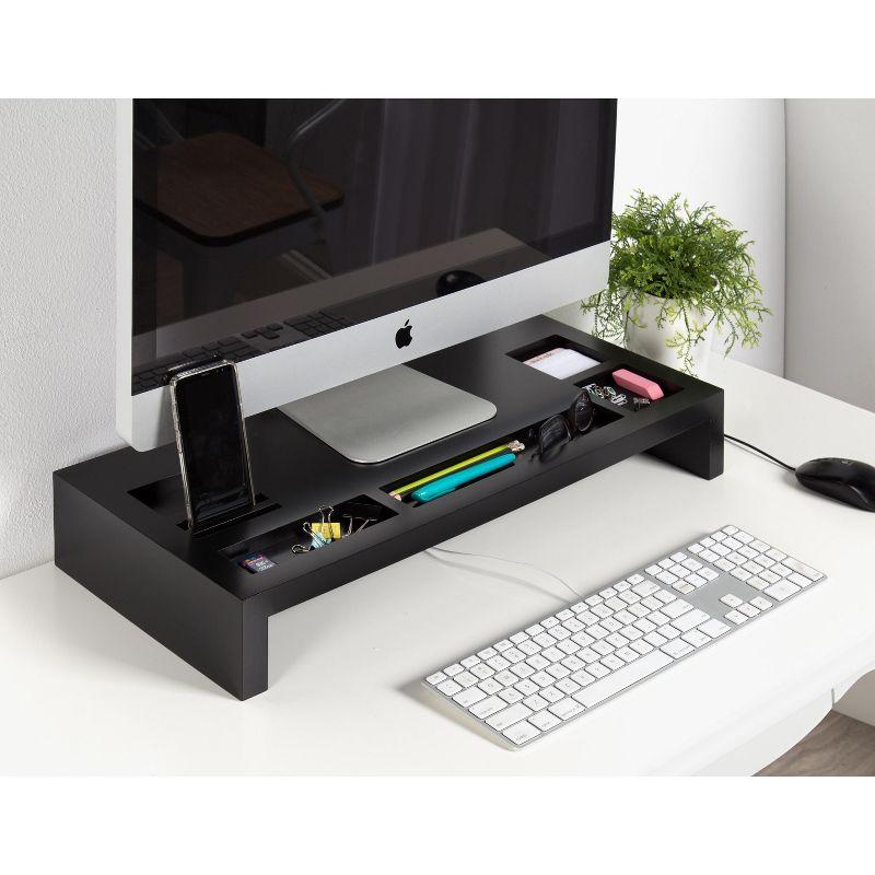 Black Wood Desktop Monitor Stand with Organizer Slots