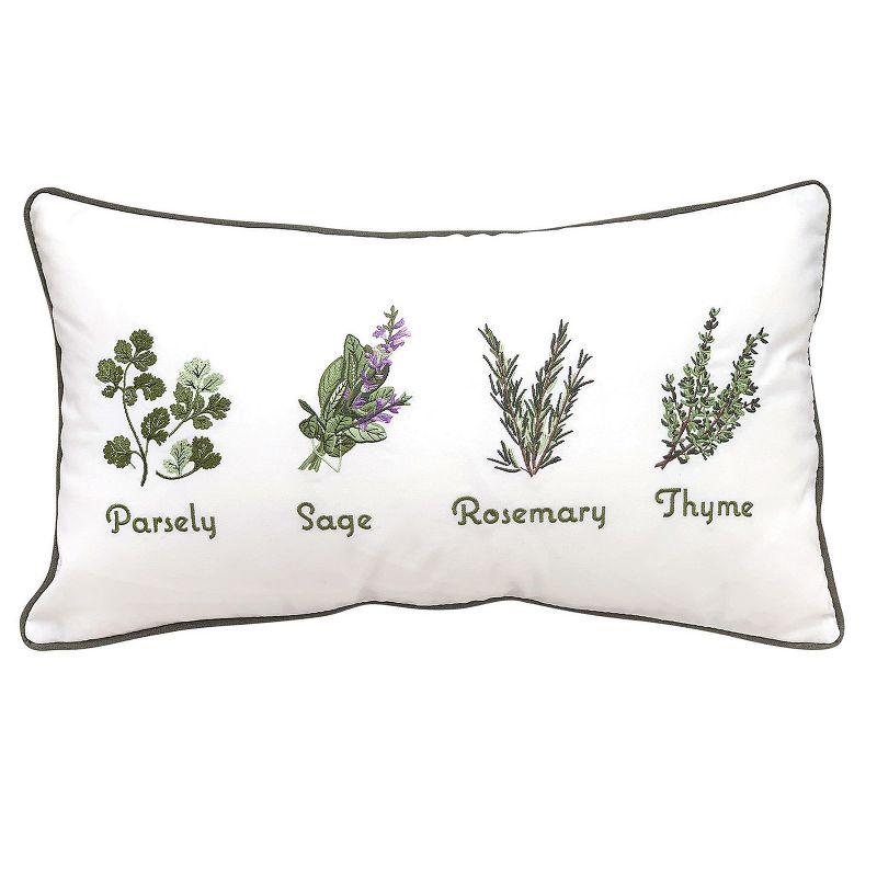 White Embroidered Herb Garden Lumbar Outdoor Pillow