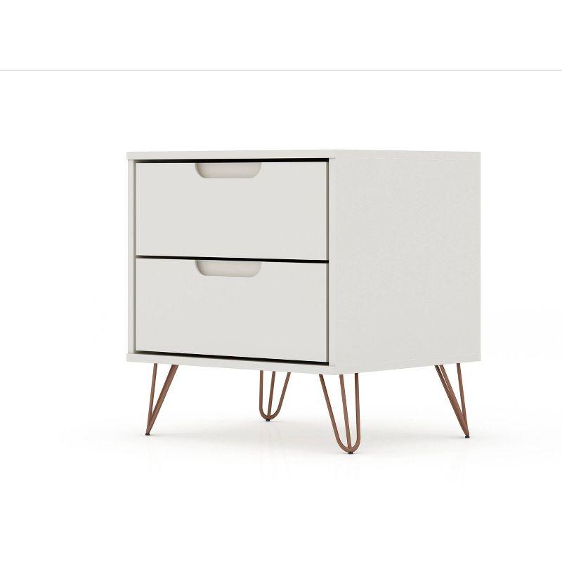 Manhattan Comfort 2.0 Rockefeller Nightstand Off White/Natural: Mid-Century Design, Splayed Metal Legs, Dual Drawers