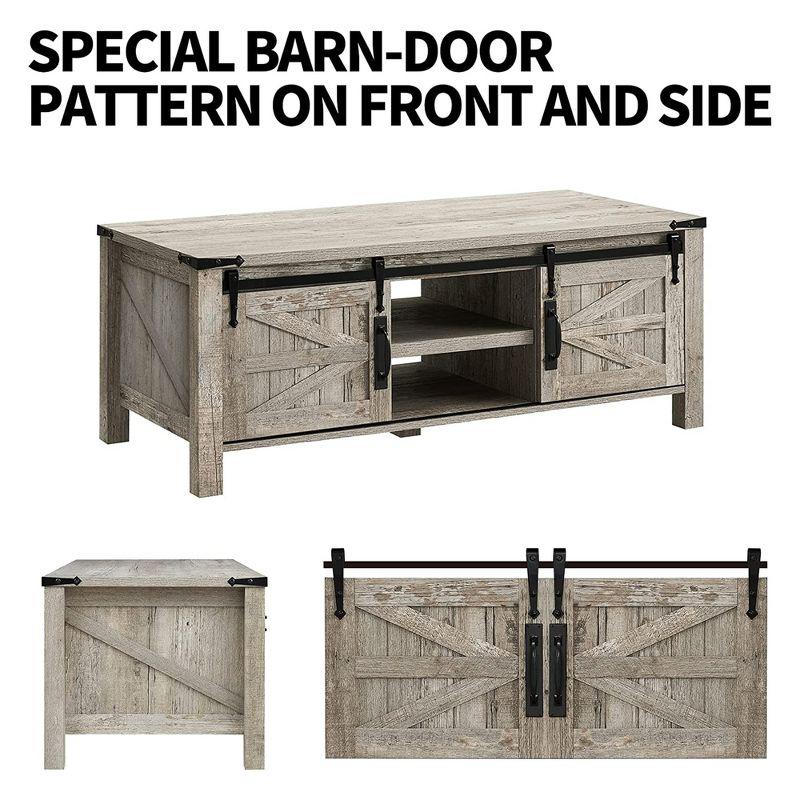 OKD Farmhouse Sturdy Coffee Table with Sliding Barn Doors and Storage Shelves for Living Room, Den, Family Room, or Office, Light Rustic Oak Finish