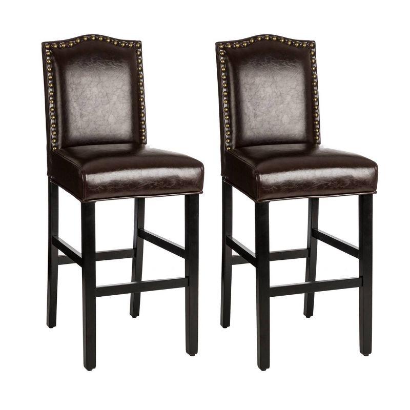 Glitzhome Set of 2 Leatherette PU Barstools with Studded Decor Coffee Brown: Upholstered High Back, Kitchen Counter Height