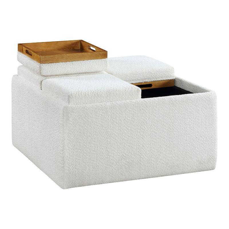 White Boucle Fabric Square Ottoman with Tray Top