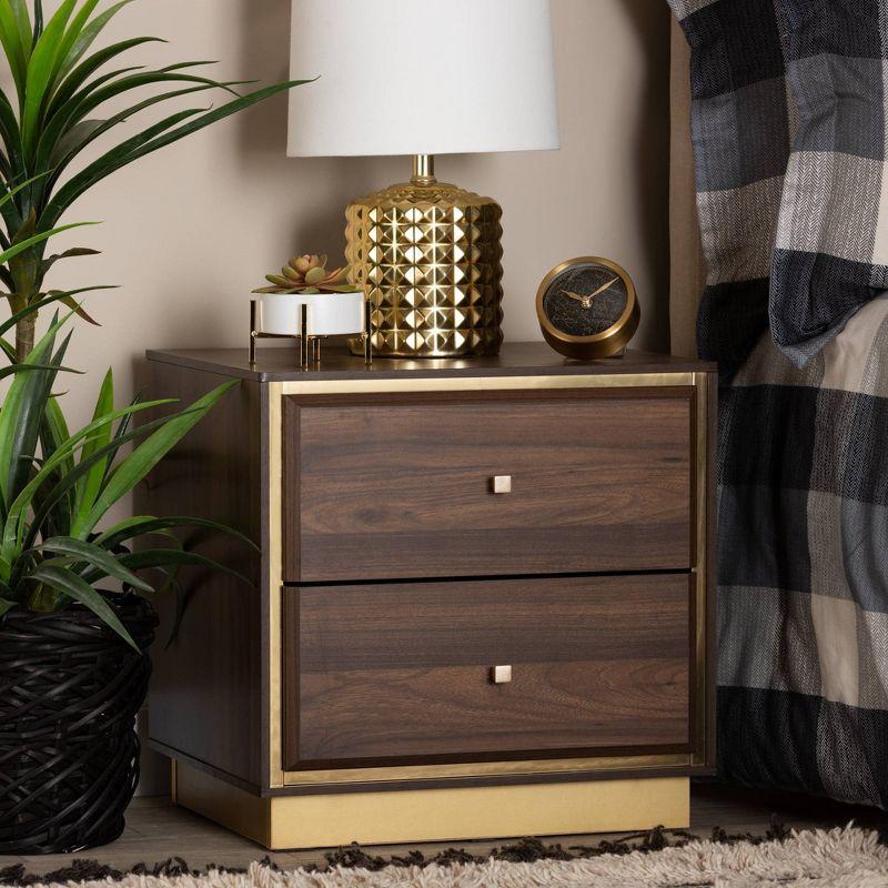 Cormac Wood & Metal Nightstand: Tapered Knobs, Storage, Walnut/Gold - Baxton Studio