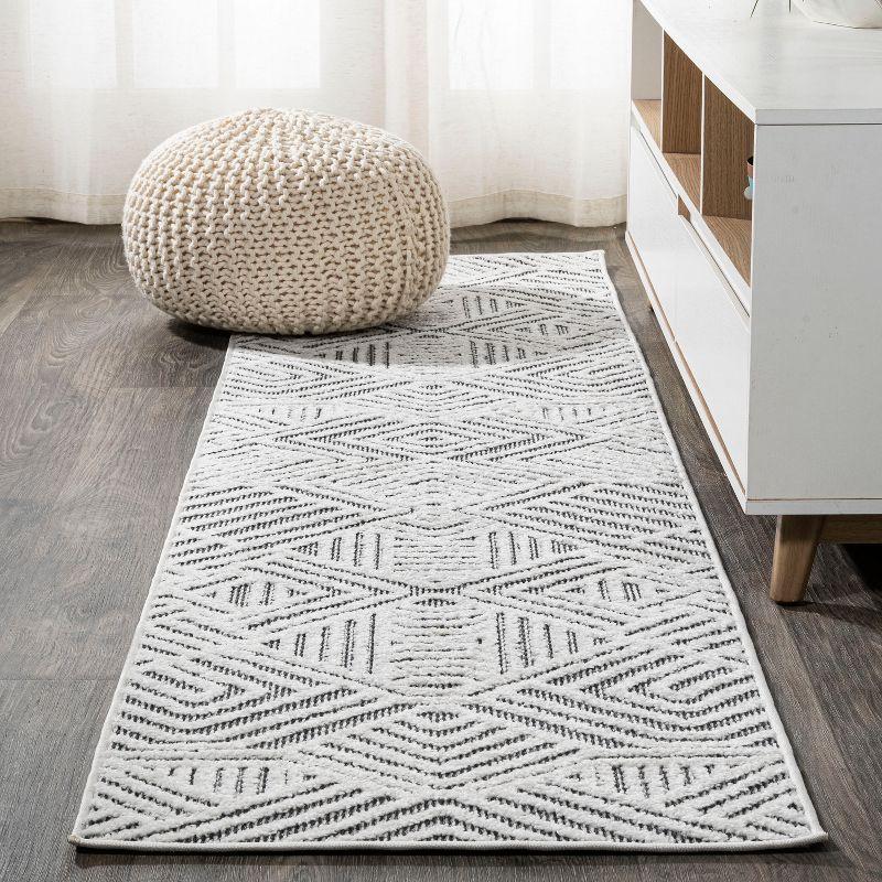 2'x8' Jordan High-Low Pile Art Deco Geometric Indoor/Outdoor Runner Rug, White/Black - JONATHAN Y