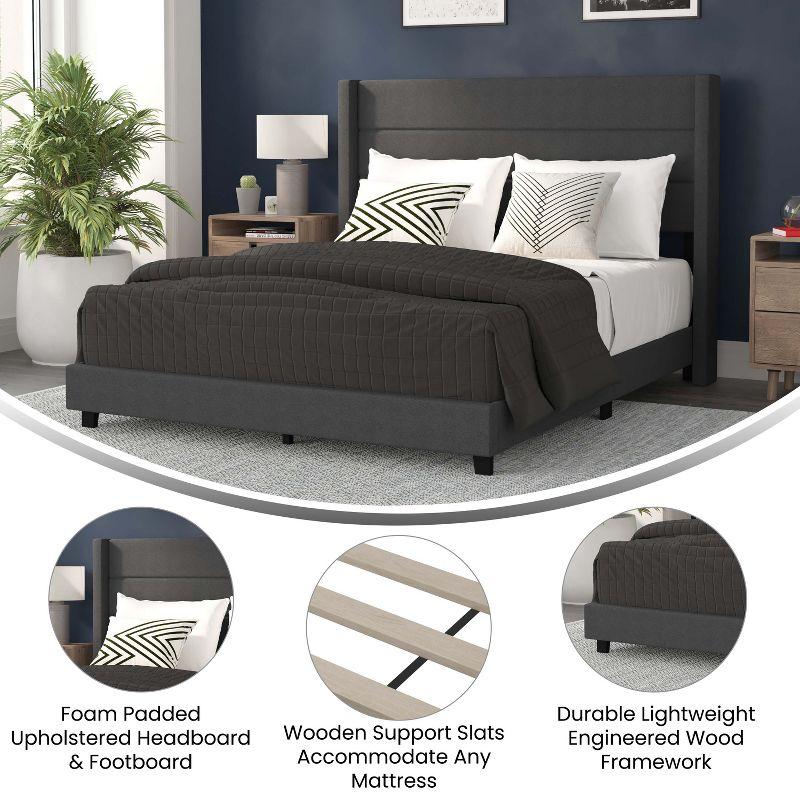 Merrick Lane Modern Queen Platform Bed with Padded Channel Stitched Charcoal Faux Linen Upholstered Wingback Headboard and 6" Underbed Clearance