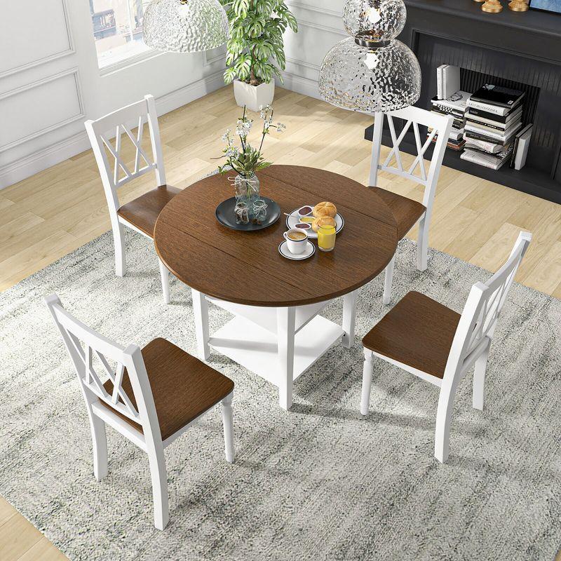 Walnut and White 5-Piece Round Dining Set with Drop Leaf Table