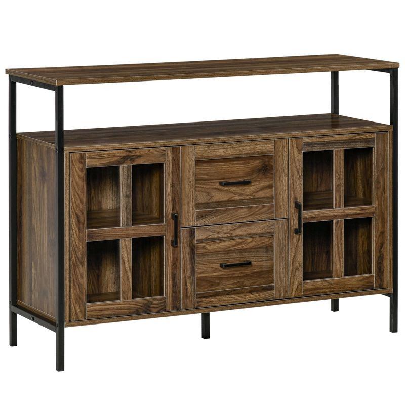 Rustic Dark Walnut Sideboard with Glass Doors & Adjustable Shelves